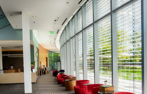Spacious contemporary lobby with red lounge chairs and expansive windows for natural light.